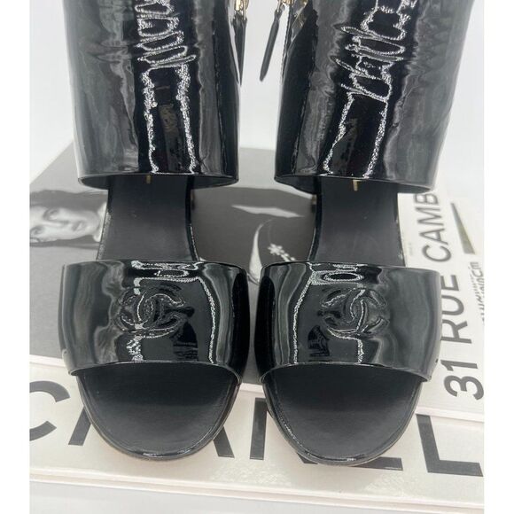 CHANEL Black Patent Leather CC Logo Open Toe Ankle Strap Sandals Size EU… - Picture 5 of 13